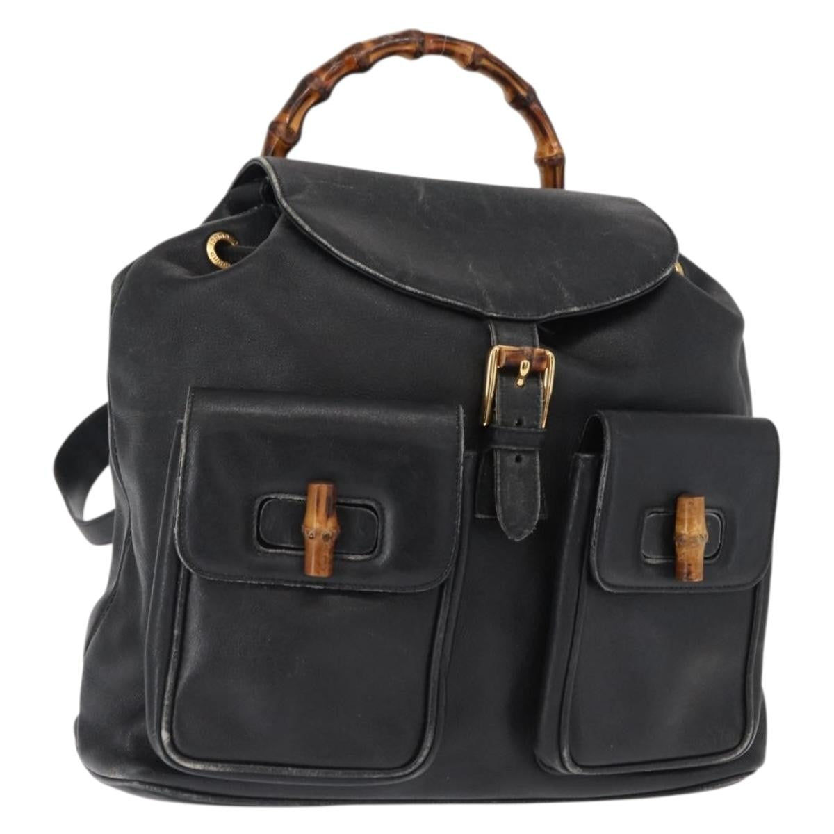 Gucci Vintage Bamboo Leather Black Leather Backpack Bag (Pre-Owned)