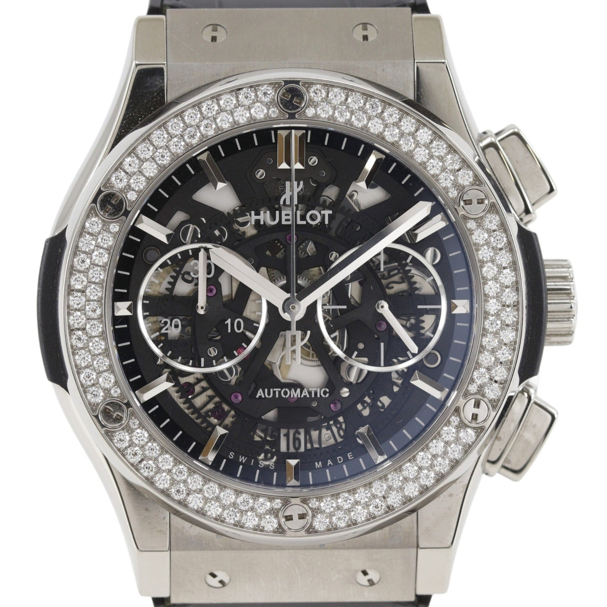 Hublot Classic Fusion Automatic Stainless Steel And Alligator With Rubber With Diamond Bezel Watch (Pre-Owned)