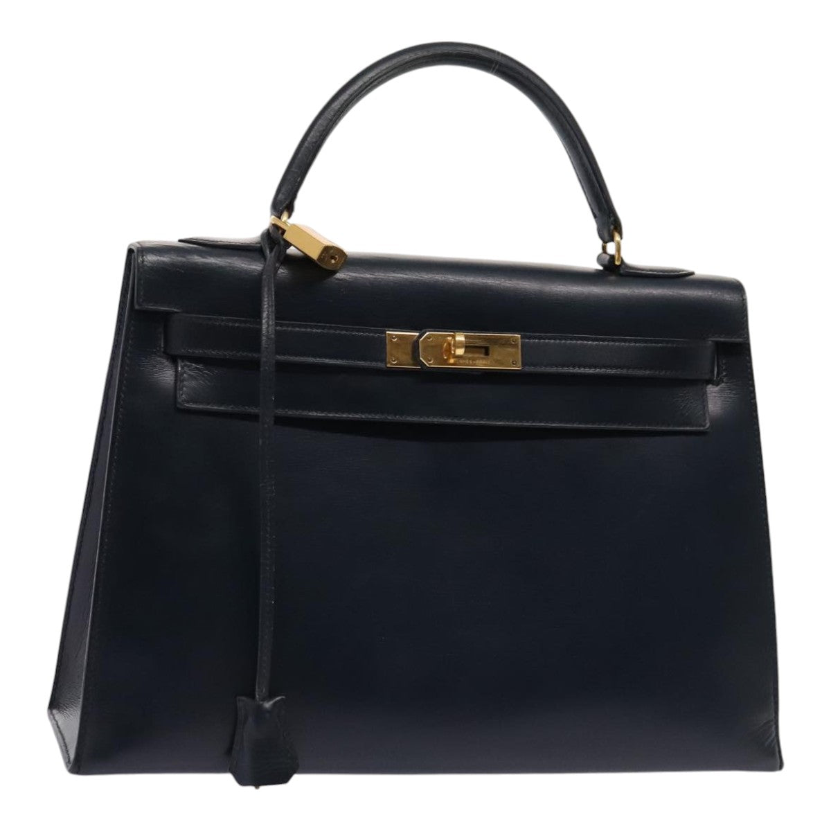 Hermes Kelly Black Box Calf With Gold Hardware Navy Leather Handbag (Pre-Owned)