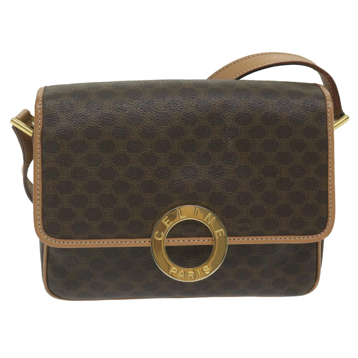 Celine Vintage Macadam Circle Logo Canvas And Leather Brown Canvas Shoulder Bag Bag (Pre-Owned)