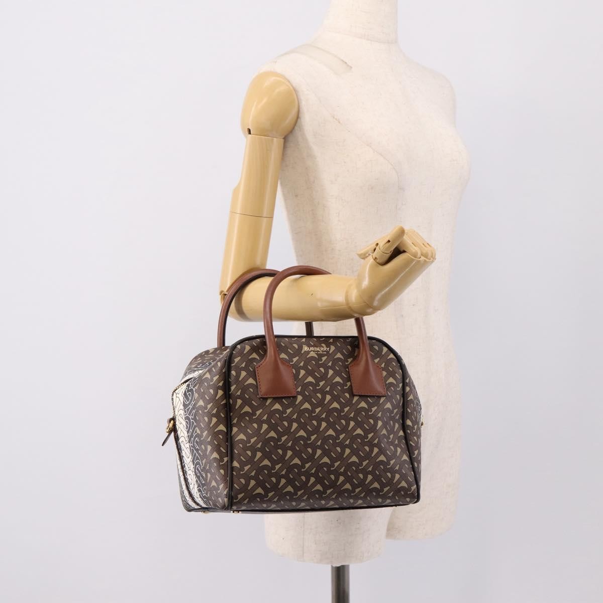 Burberry Tb Half Cube Duffle Monogram Embossed Leather Brown Canvas Handbag (Pre-Owned)