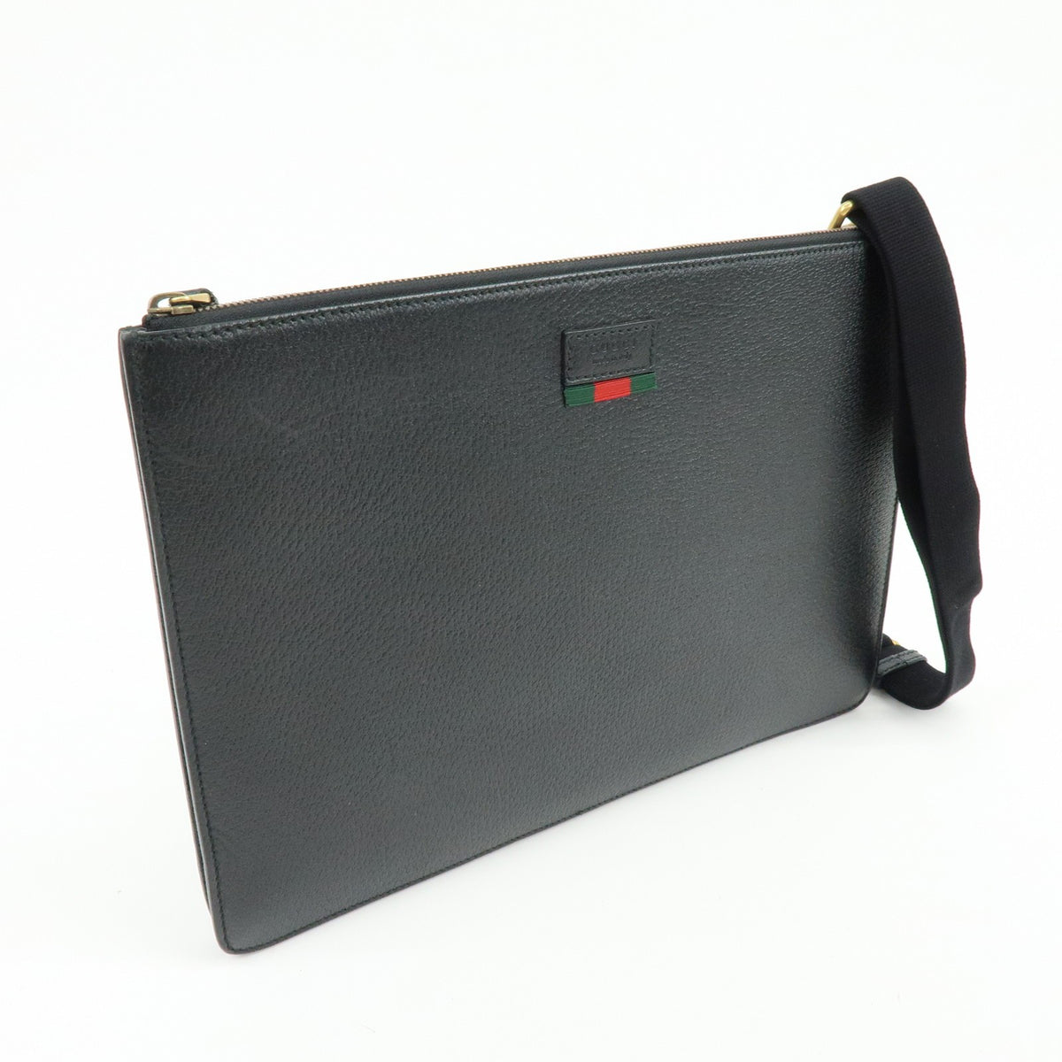 Gucci Web Strap Front Zip Messenger Leather Black Leather Handbag (Pre-Owned)