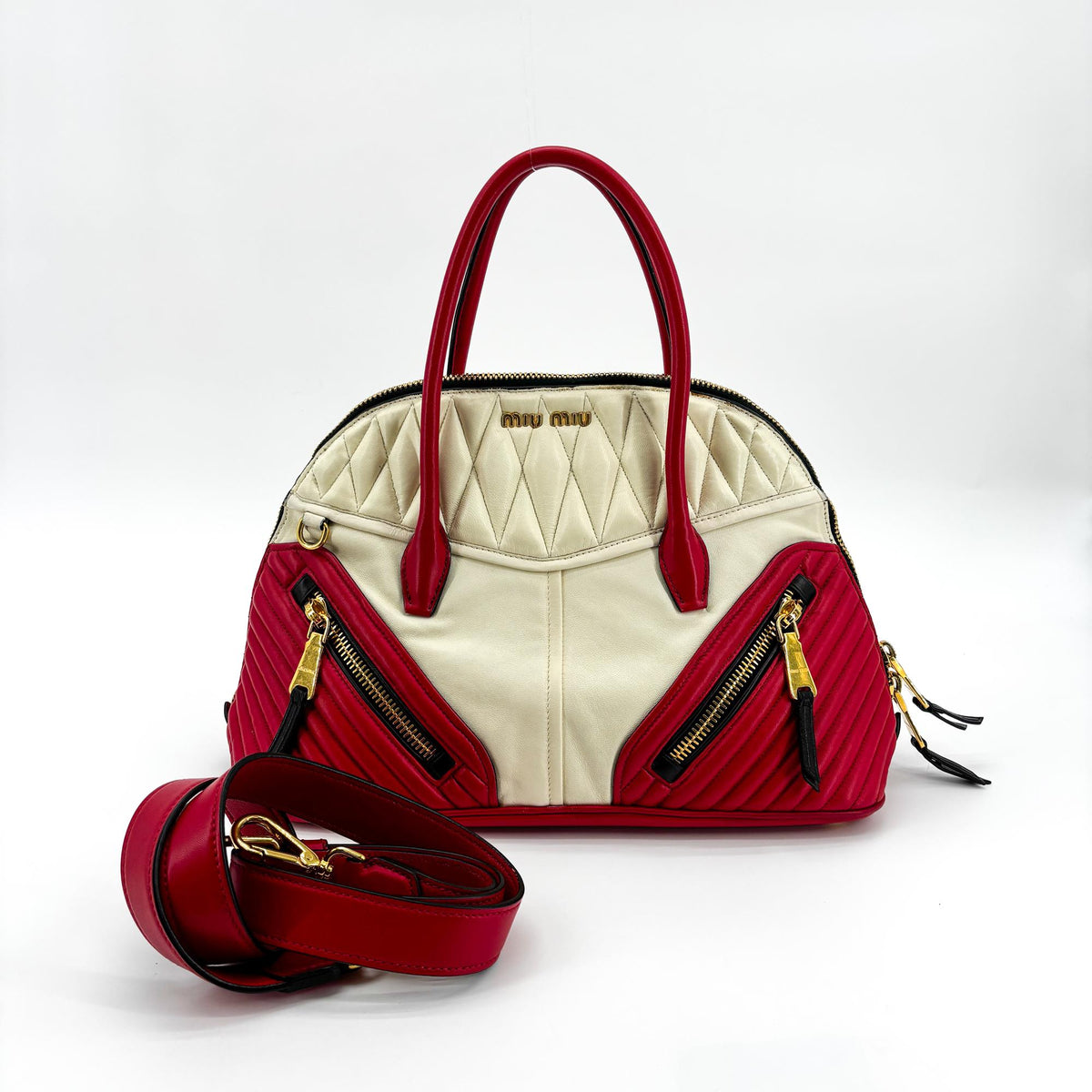 Miu Miu Biker Convertible Dome Satchel Quilted Leather Red Leather Handbag (Pre-Owned)