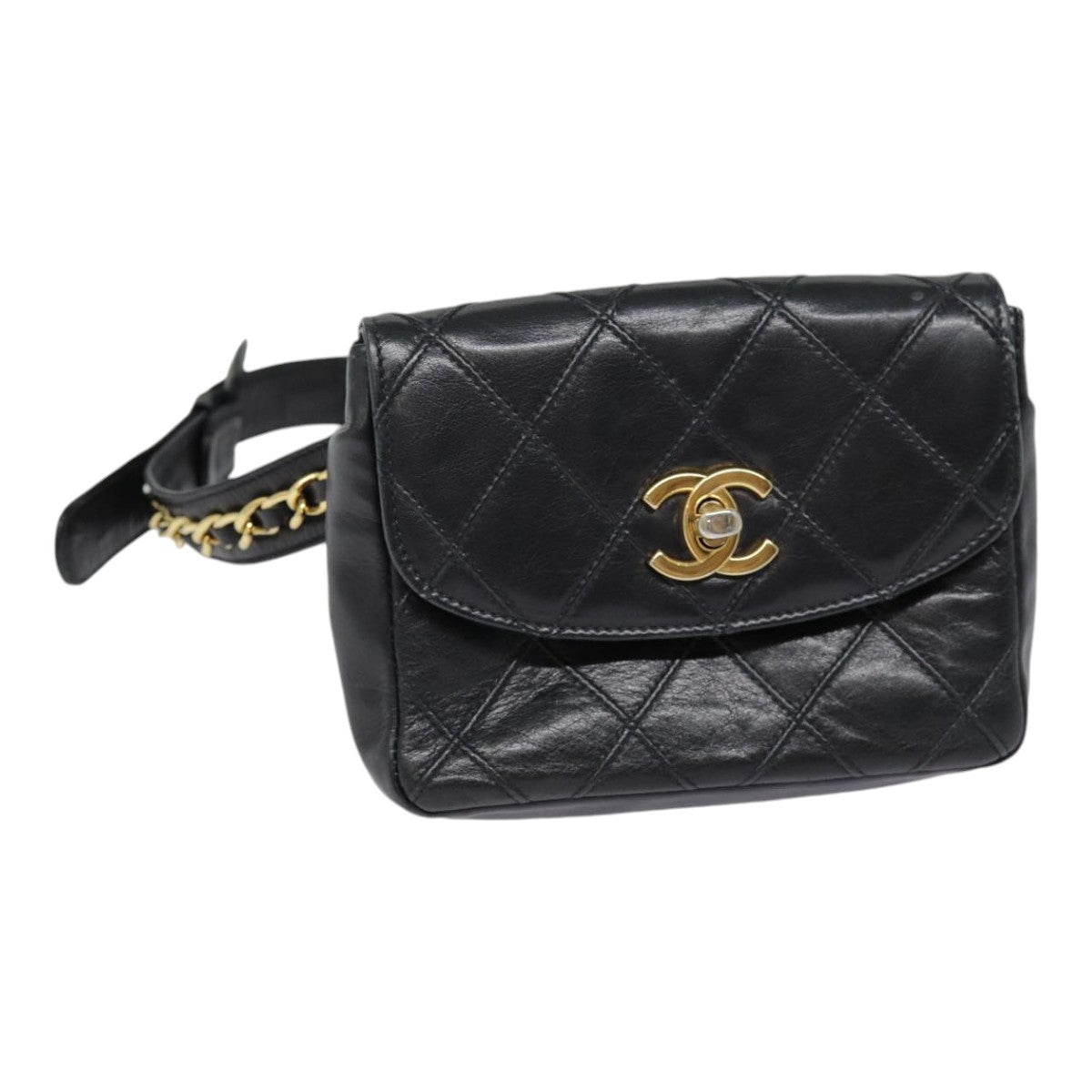 Chanel Vintage Flap Belt Quilted Leather Black Leather Clutche & Pouche Bag (Pre-Owned)