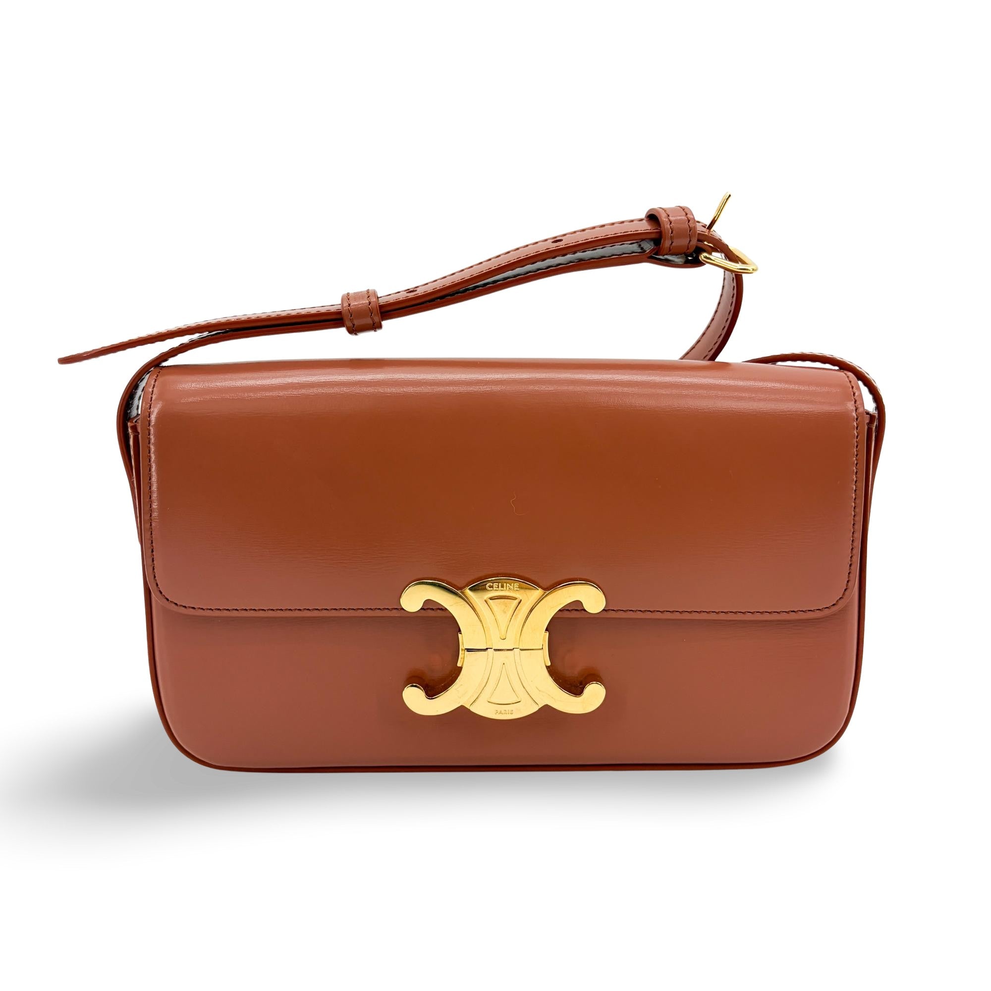 Celine Triomphe East-West Smooth Calfskin Brown Leather Shoulder Bag Bag (Pre-Owned)