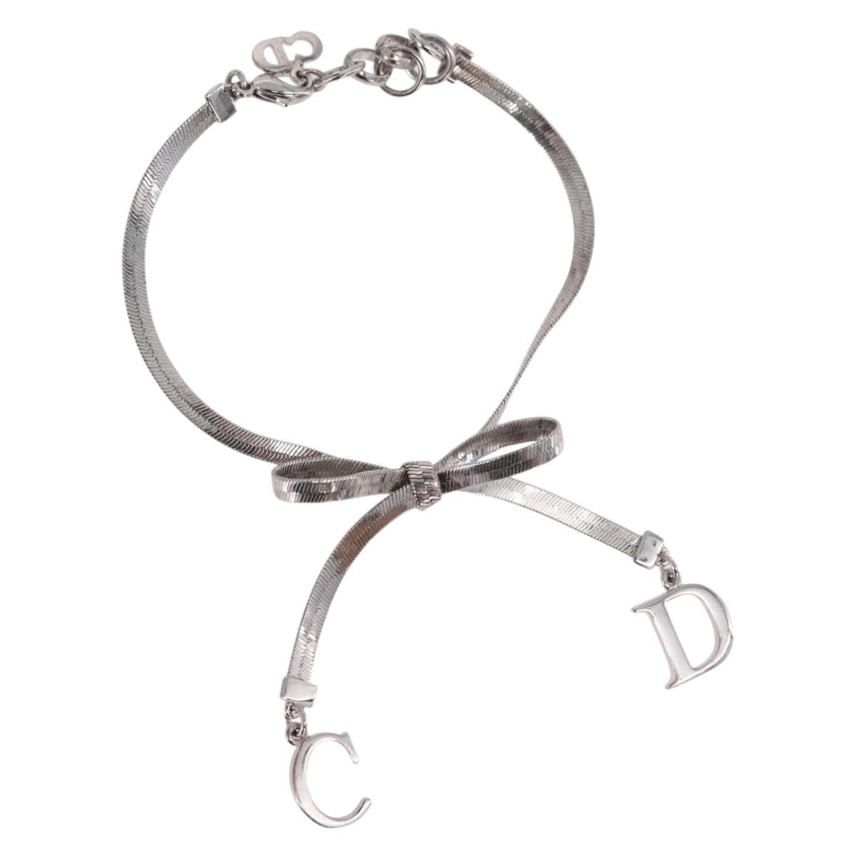 Christian Dior Vintage Ribbon Bow Snake Chain Metal Silver Metal Bracelet Jewelry (Pre-Owned)