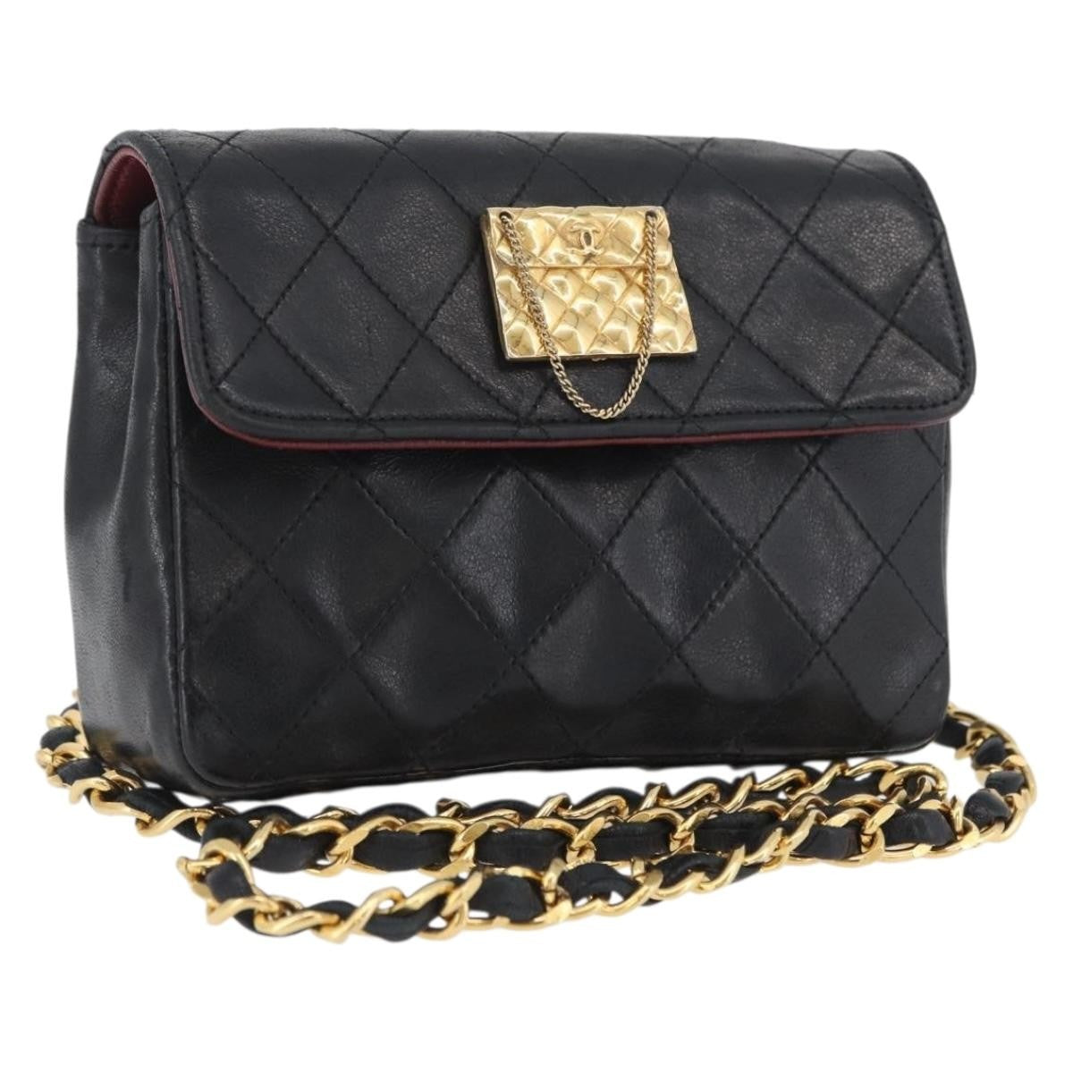 Chanel Vintage Square Cc Flap Quilted Lambskin Black Leather Shoulder Bag Bag (Pre-Owned)