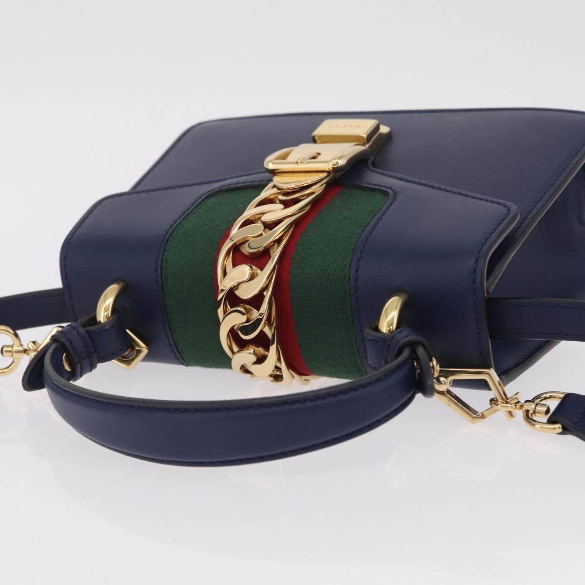 Gucci Sylvie Top Handle Leather Navy Leather Handbag (Pre-Owned)