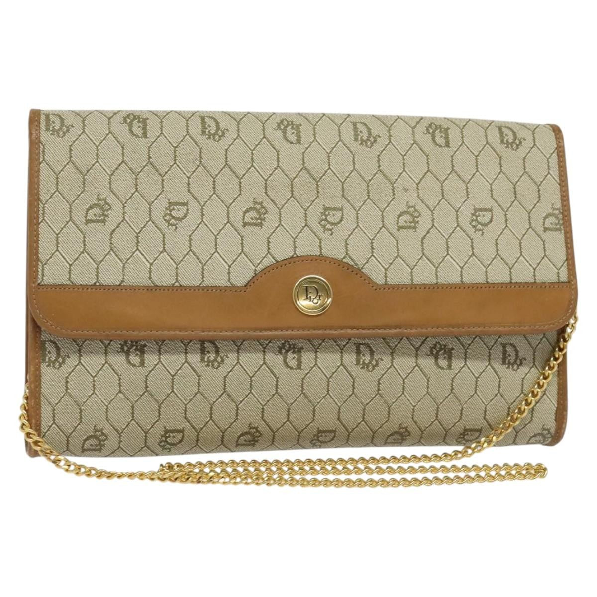 Christian Dior Vintage Honeycomb Chain Canvas Beige Canvas Bag (Pre-Owned)