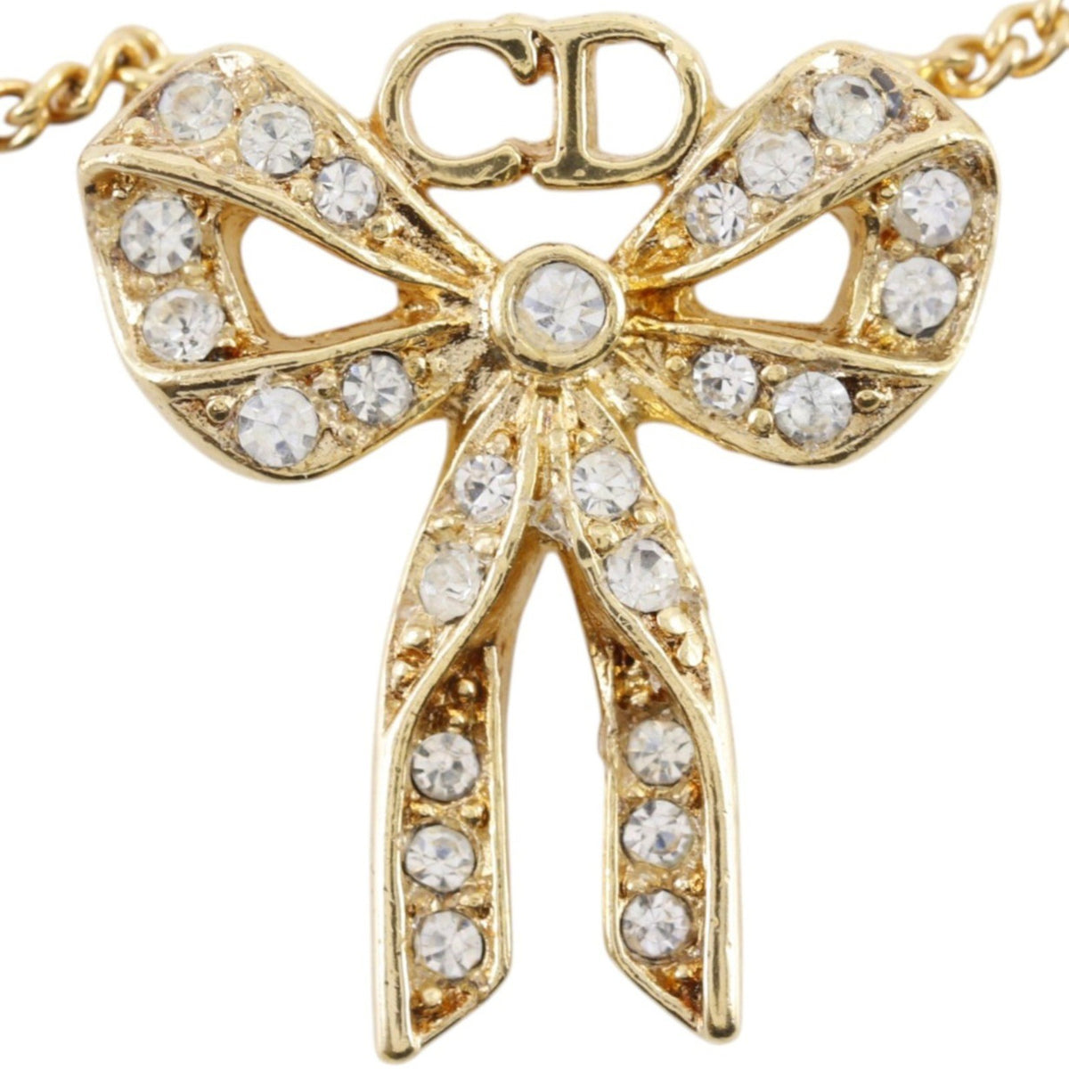 Christian Dior Bow Cd Pendant Metal With Crystal Gold Gold_Plated Necklace Jewelry (Pre-Owned)