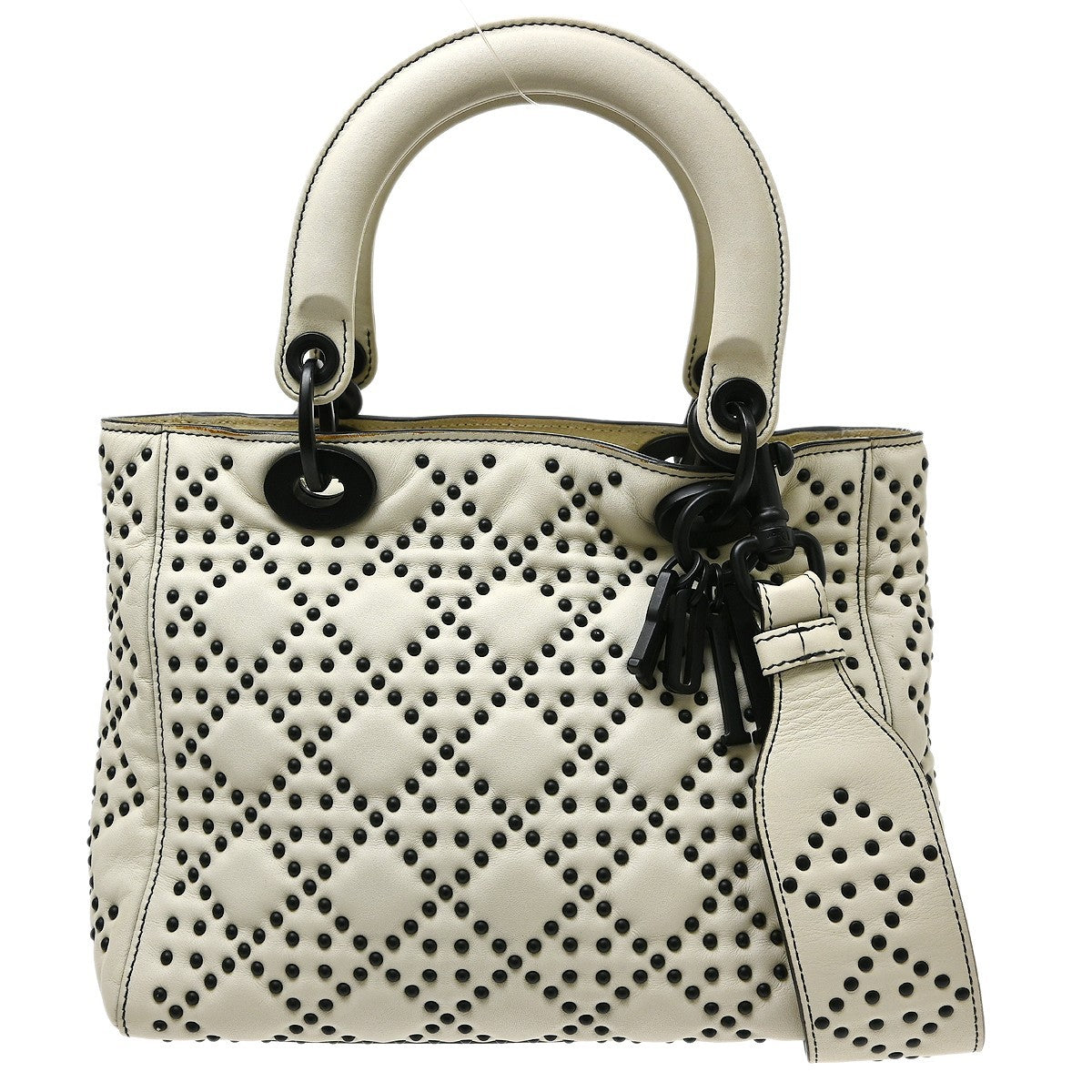 Christian Dior Supple Lady Dior Cannage Studded Lambskin White Leather Handbag (Pre-Owned)
