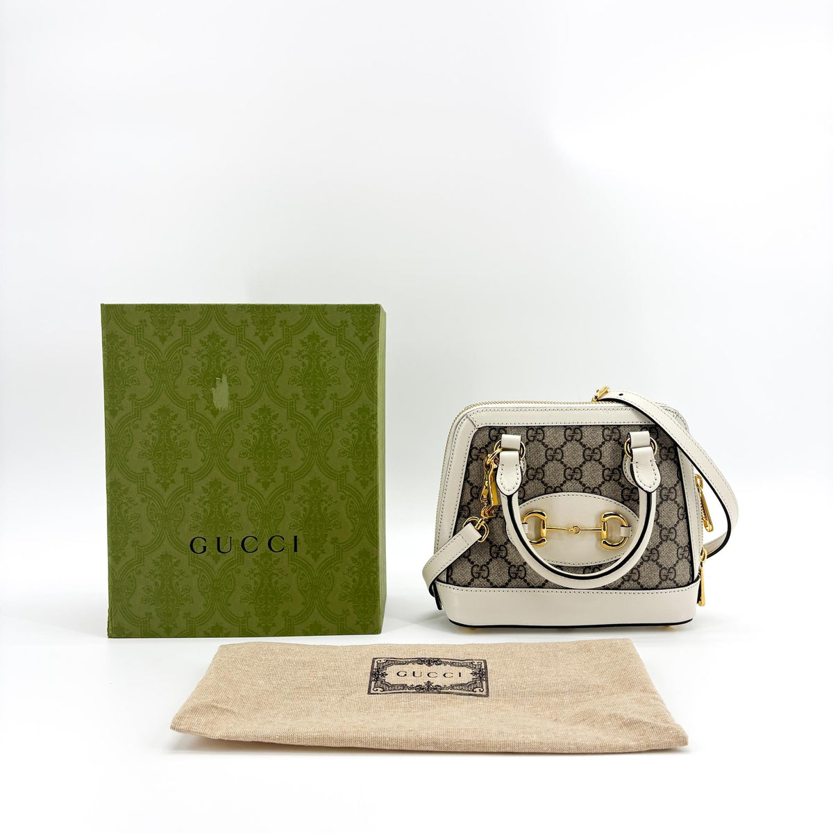 Gucci Horsebit 1955 Top Handle Gg Coated Canvas With Leather Beige Canvas Handbag (Pre-Owned)