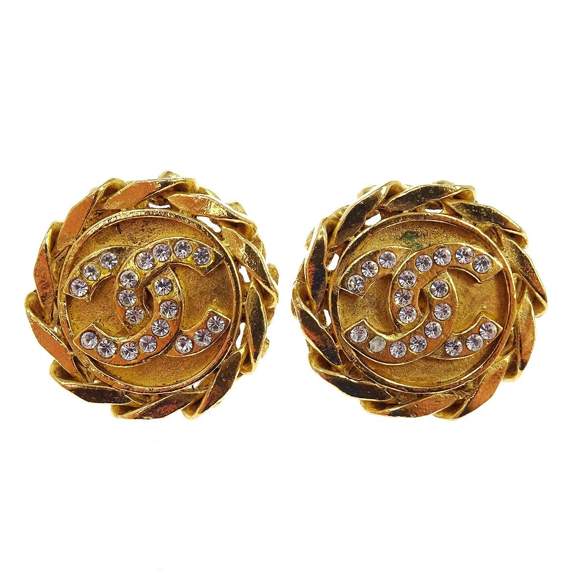 Chanel Vintage Cc Round Clip-On Metal With Crystals Gold Gold_Plated Earrings Jewelry (Pre-Owned)