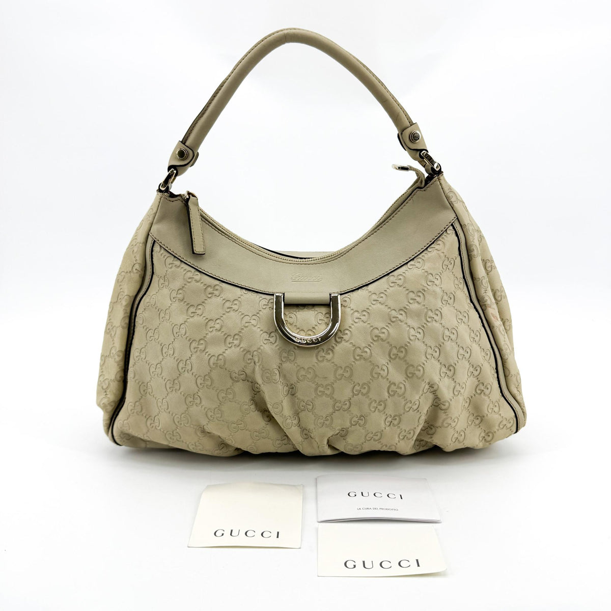 Gucci D Gold Hobo Guccissima Leather Beige Leather Shoulder Bag Bag (Pre-Owned)