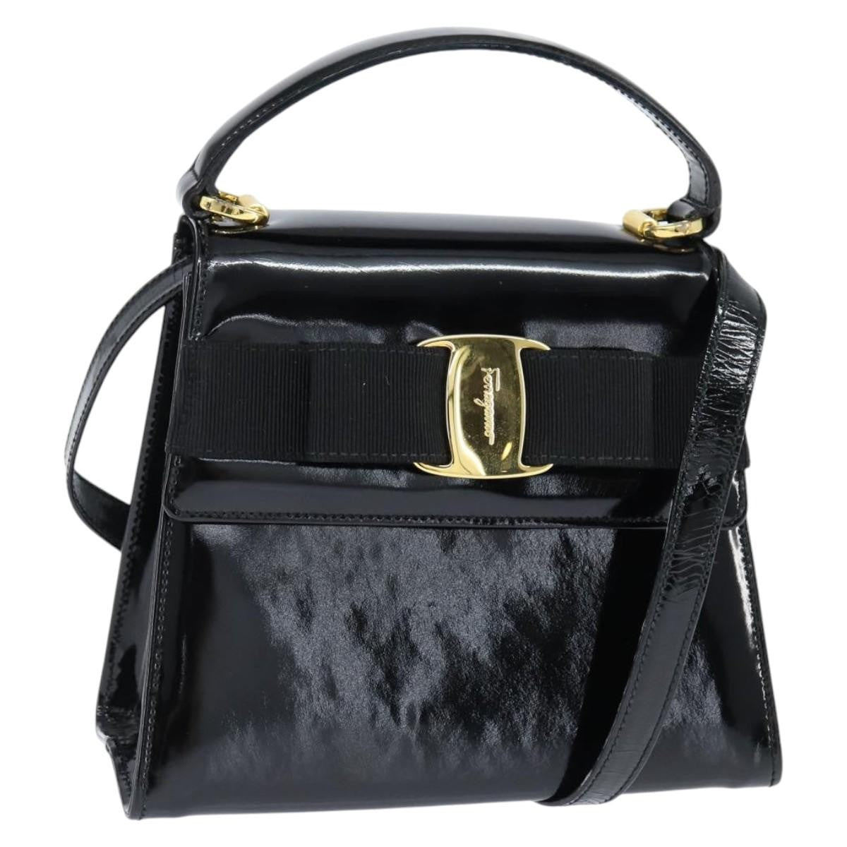 Salvatore Ferragamo Vala Patent Leather Black Patent_Leather Handbag (Pre-Owned)