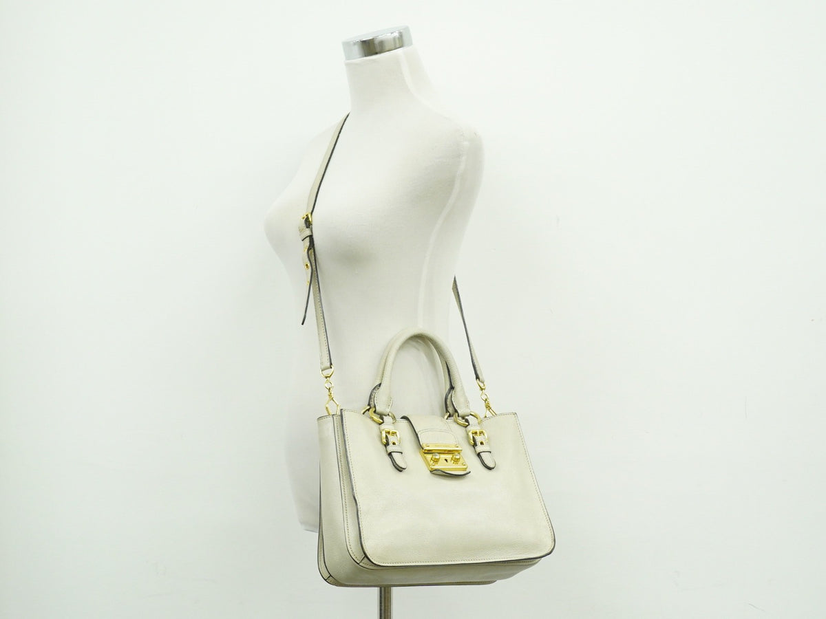 Miu Miu Madras Convertible Lock Leather Beige Leather Tote Bag Bag (Pre-Owned)