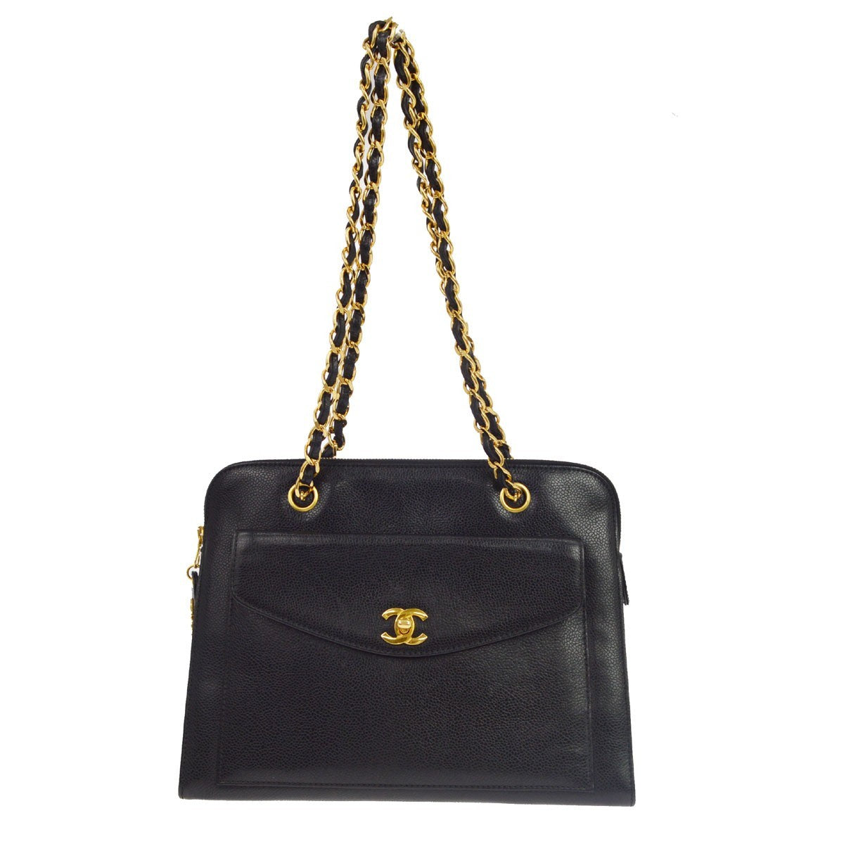 Chanel Vintage Front Pocket Quilted Caviar Black Leather Shoulder Bag Bag (Pre-Owned)