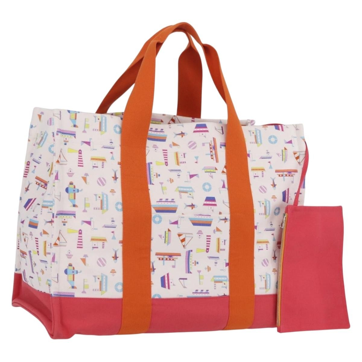 Hermes Beach Printed Toile White Canvas Tote Bag Bag (Pre-Owned)