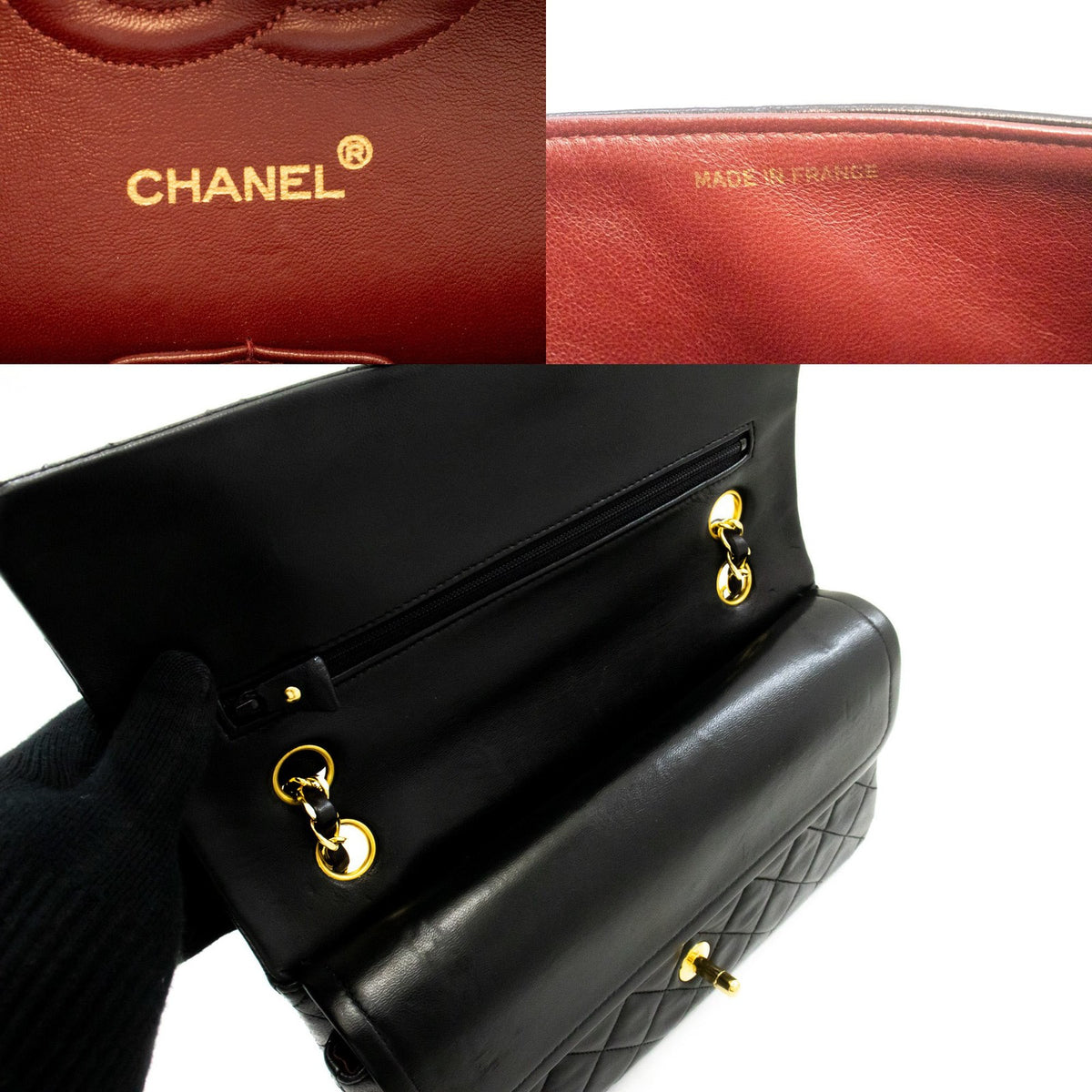Chanel Classic Timeless Double Flap Quilted Lambskin Black Leather Handbag (Pre-Owned)