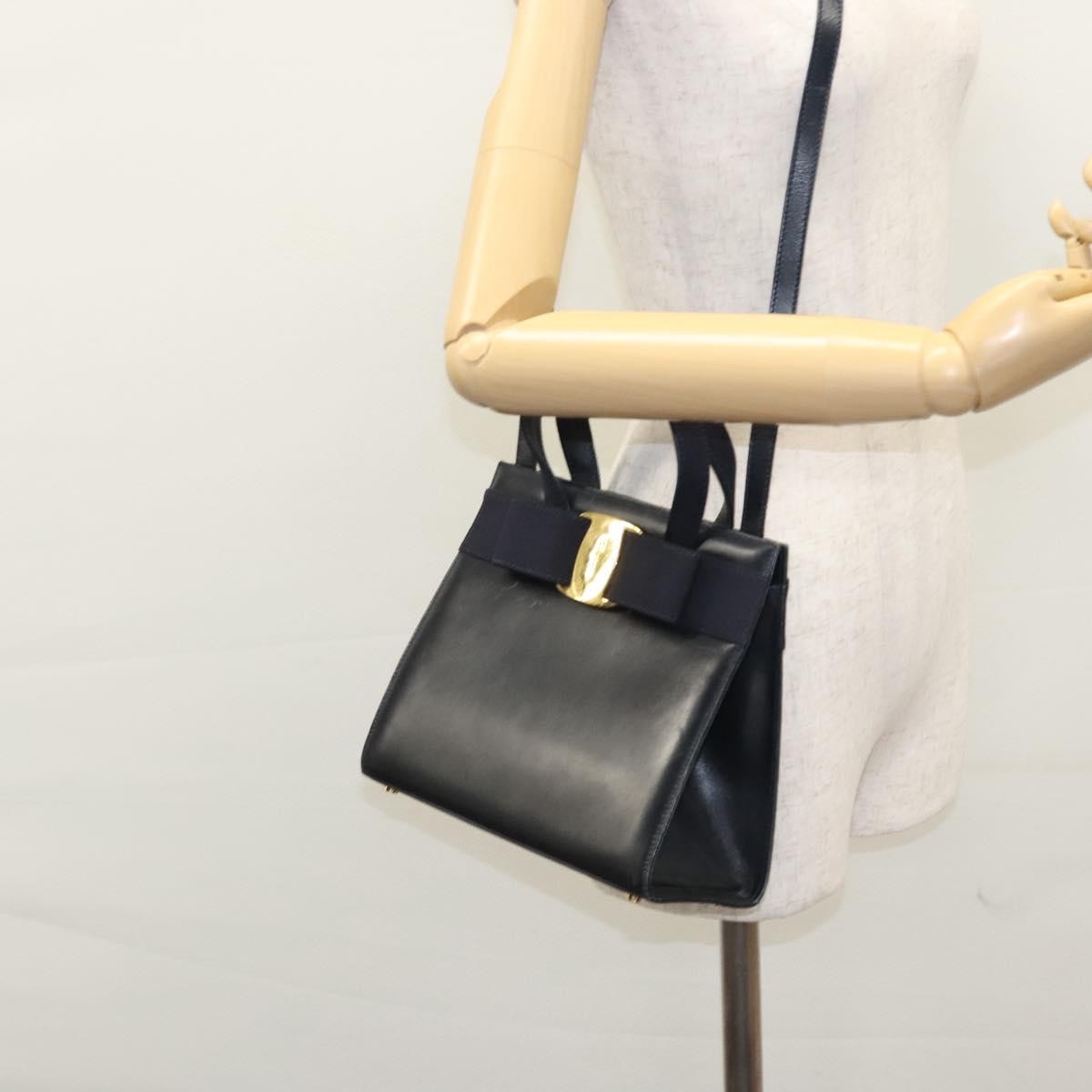 Salvatore Ferragamo Convertible Vara Bow Tote Leather Navy Leather Handbag (Pre-Owned)