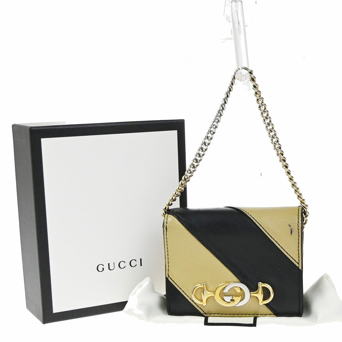 Gucci Zumi Chain Card Case Diagonal Quilted Leather Black Leather Wallets Accessory (Pre-Owned)