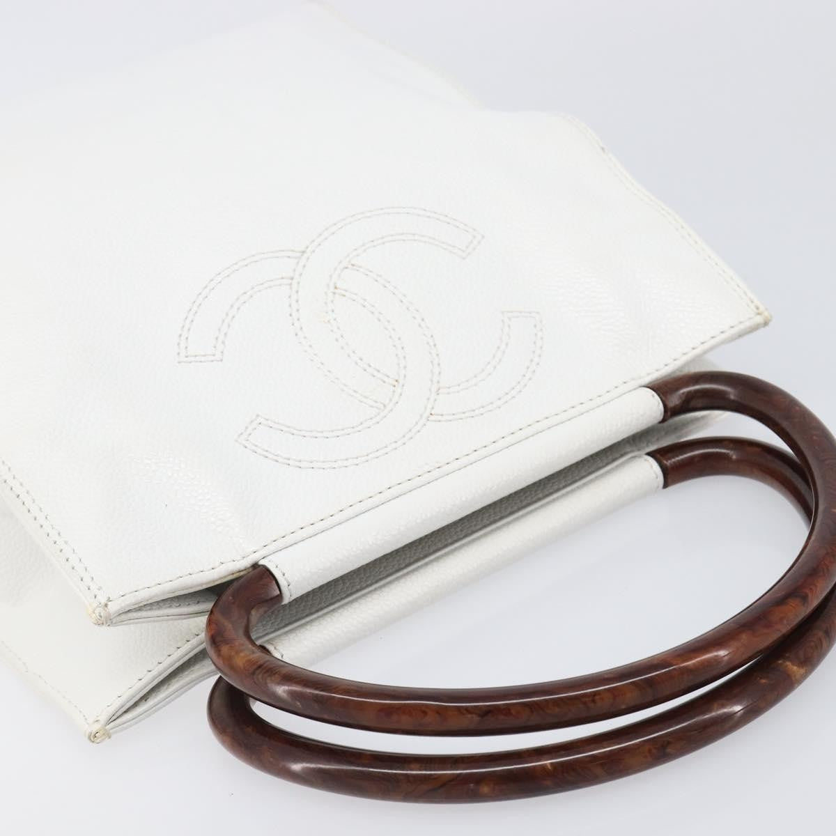 Chanel Vintage Wooden Quilted Caviar White Leather Tote Bag Bag (Pre-Owned)