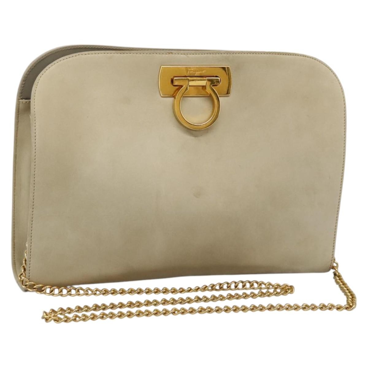 Salvatore Ferragamo Chain Gancini Jacquard With Studded Leather Beige Suede Shoulder Bag Bag (Pre-Owned)