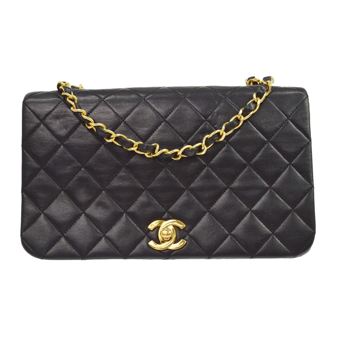 Chanel Vintage Full Flap Quilted Lambskin Black Leather Shoulder Bag Bag (Pre-Owned)