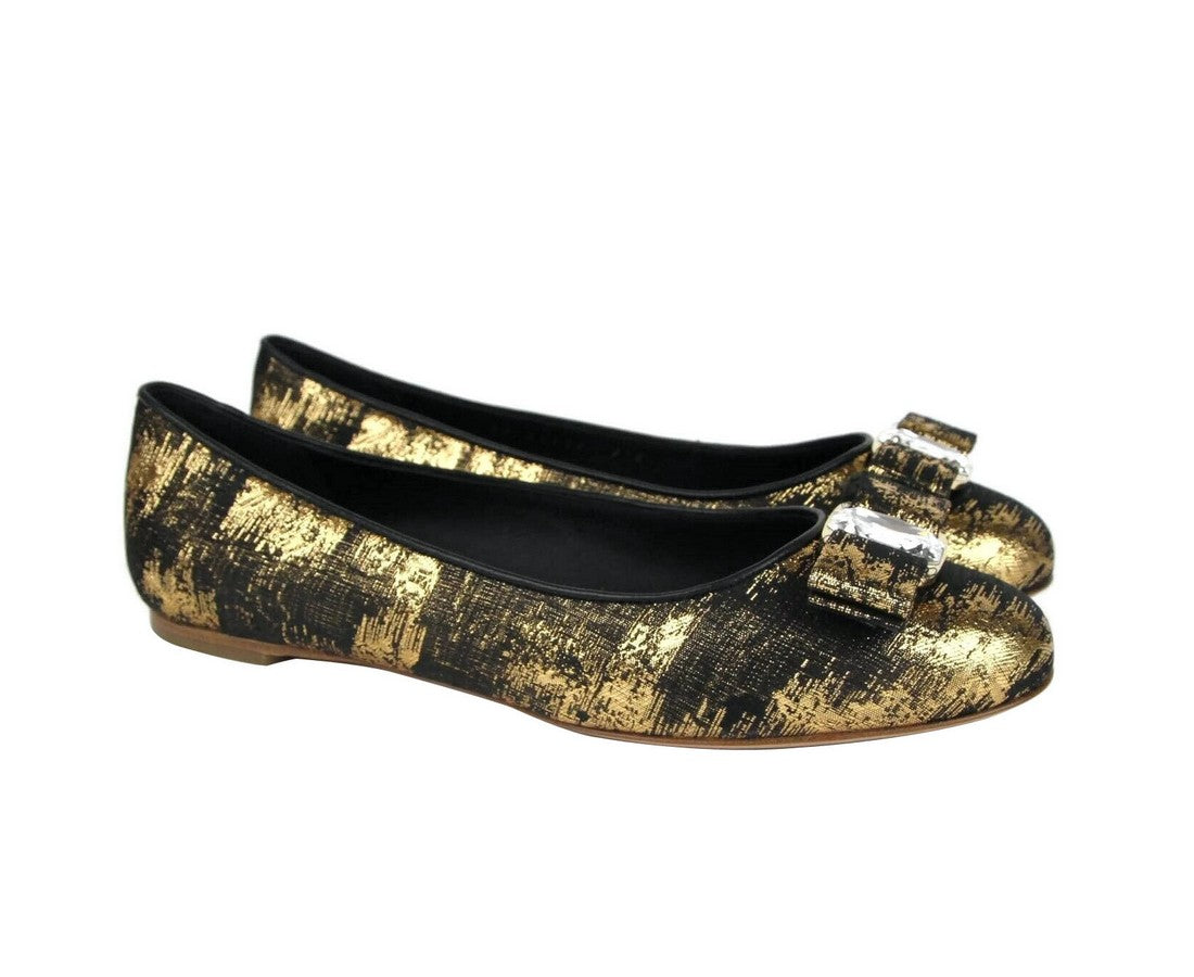 Salvatore Ferragamo Women's Varina Black / Gold Fabric Ballet Flat