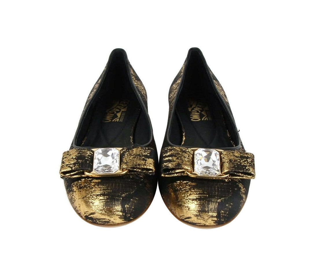 Salvatore Ferragamo Women's Varina Black / Gold Fabric Ballet Flat
