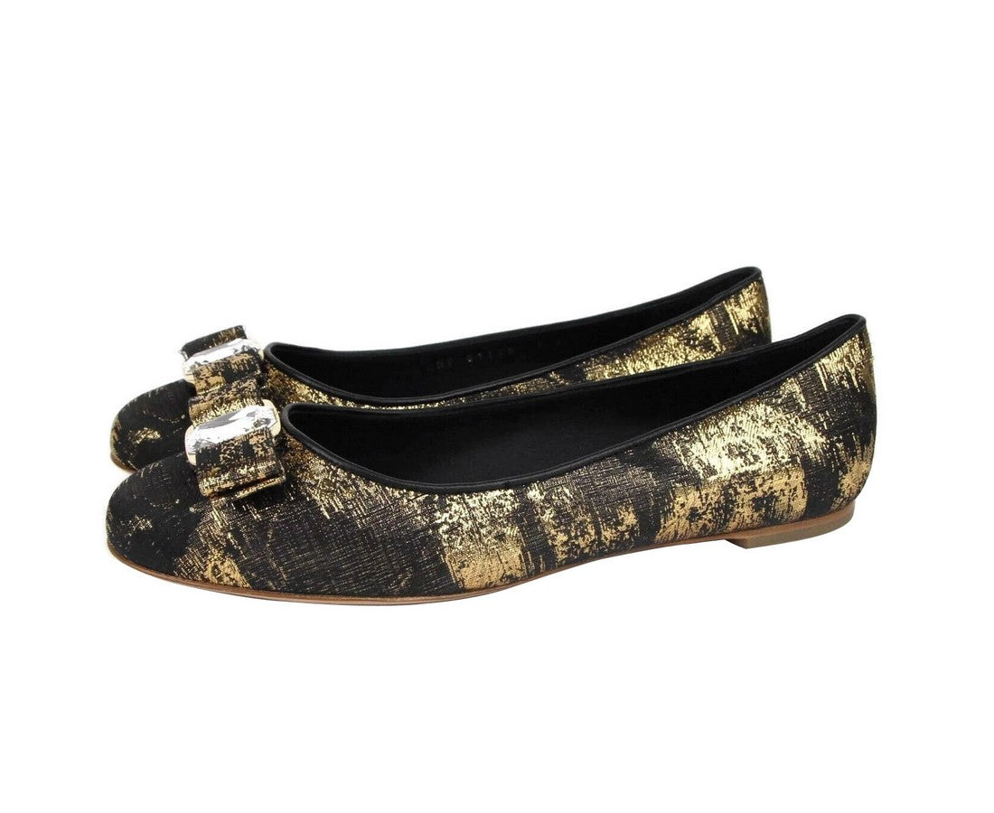 Salvatore Ferragamo Women's Varina Black / Gold Fabric Ballet Flat