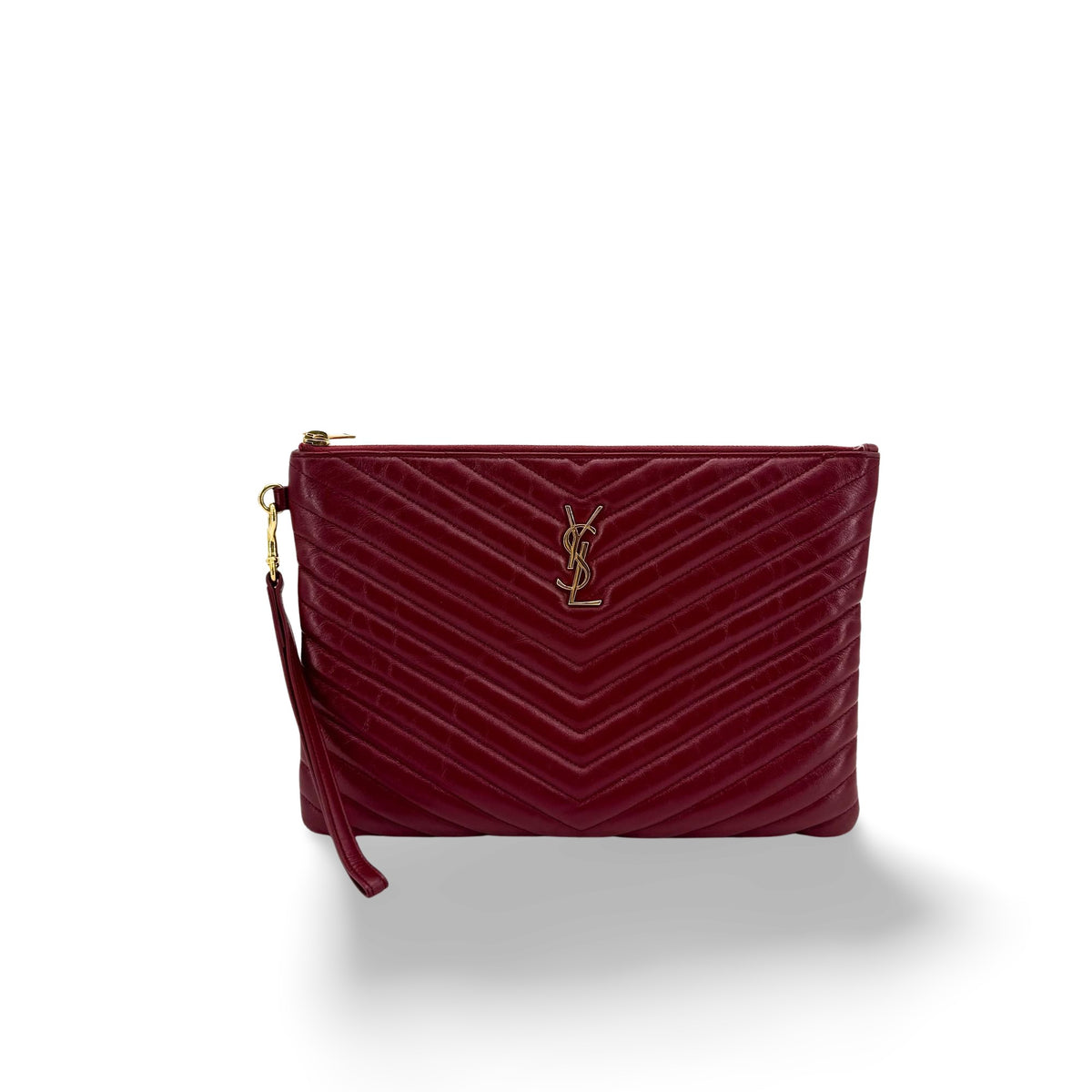 Saint Laurent Classic Monogram Wristlet Matelasse Chevron Leather Burgundy Leather Clutche & Pouche Bag (Pre-Owned)