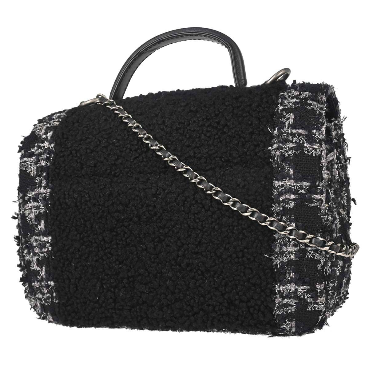 Chanel Top Handle Shearling With Tweed Black Tweed Handbag (Pre-Owned)