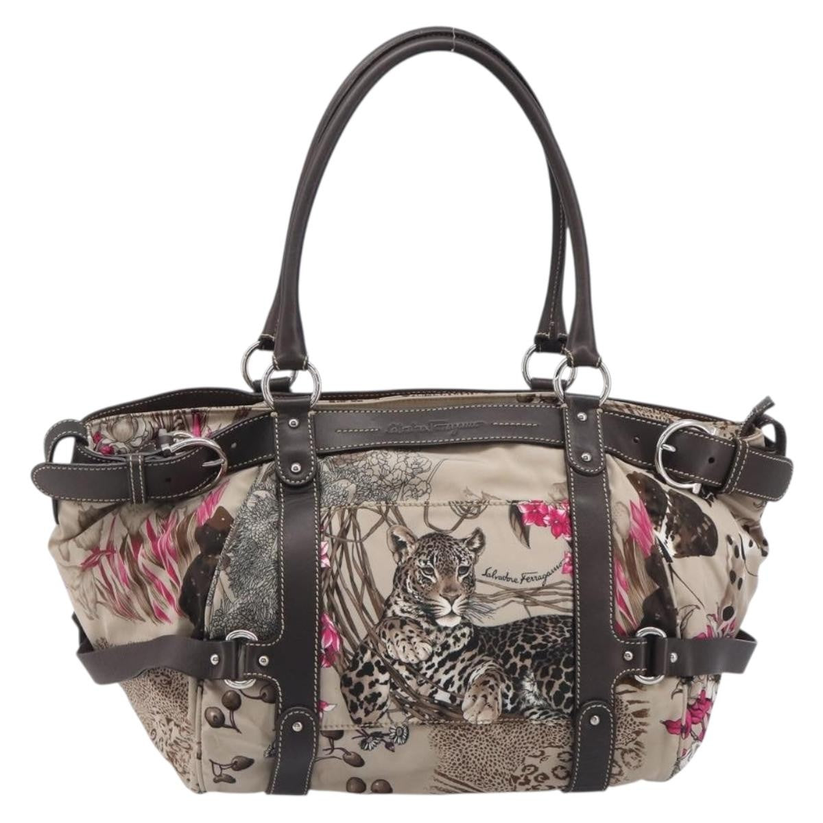 Salvatore Ferragamo Convertible Belted Boston Fiera Printed Nylon With Leather Beige Nylon Handbag (Pre-Owned)