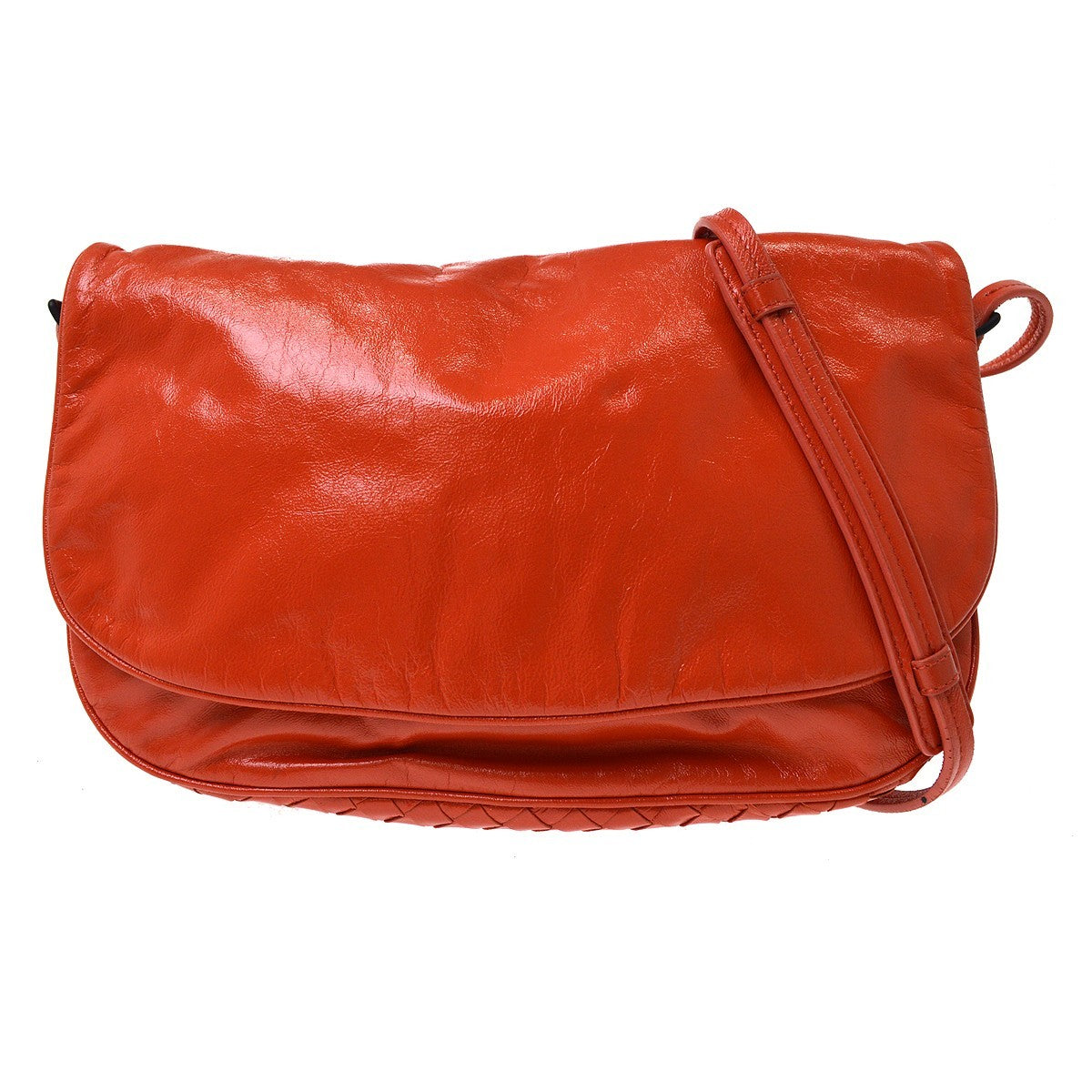 Bottega Veneta Flap Messenger Bag Leather With Intrecciato Detail Red Leather Shoulder Bag Bag (Pre-Owned)