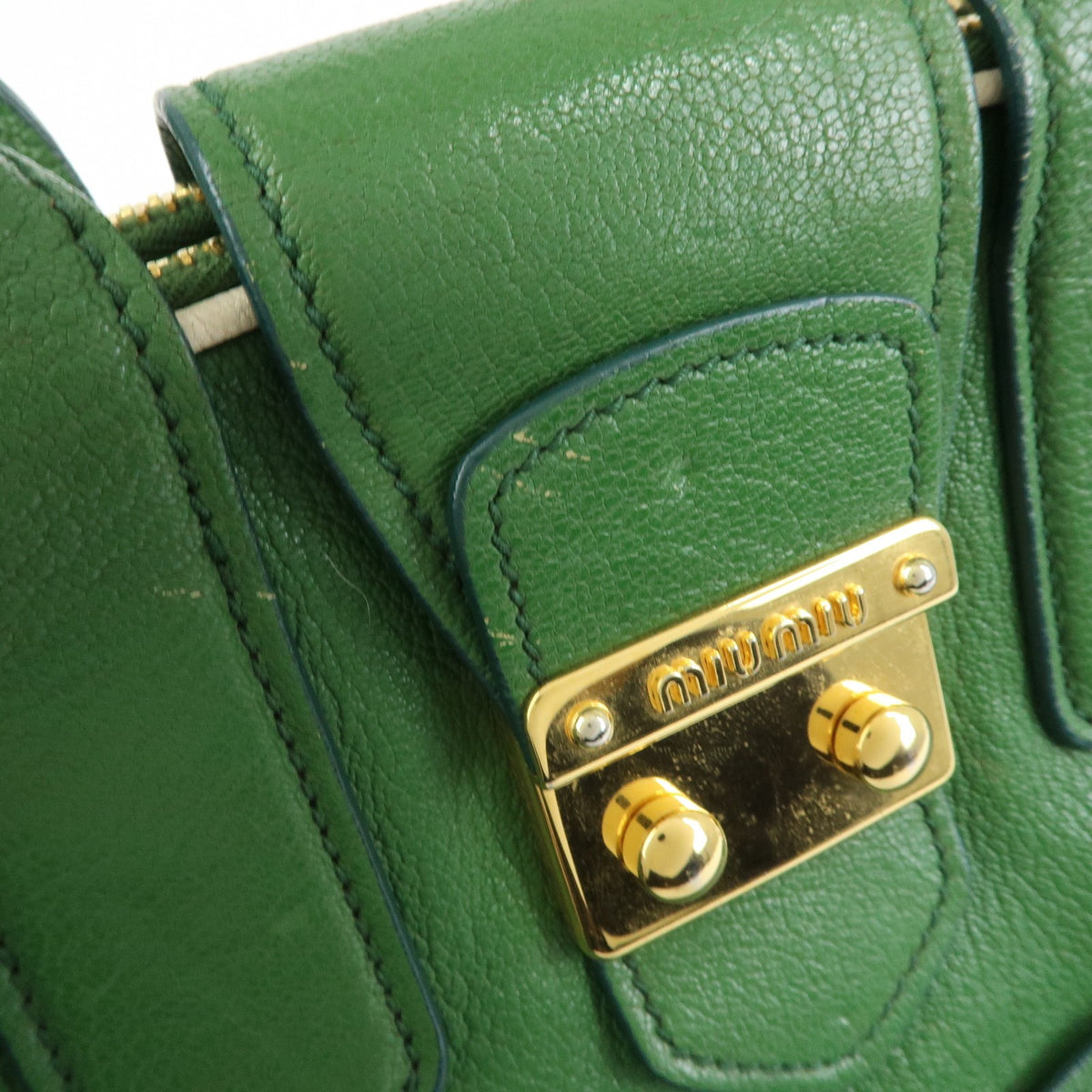 Miu Miu Madras Top Handle Leather Green Leather Handbag (Pre-Owned)