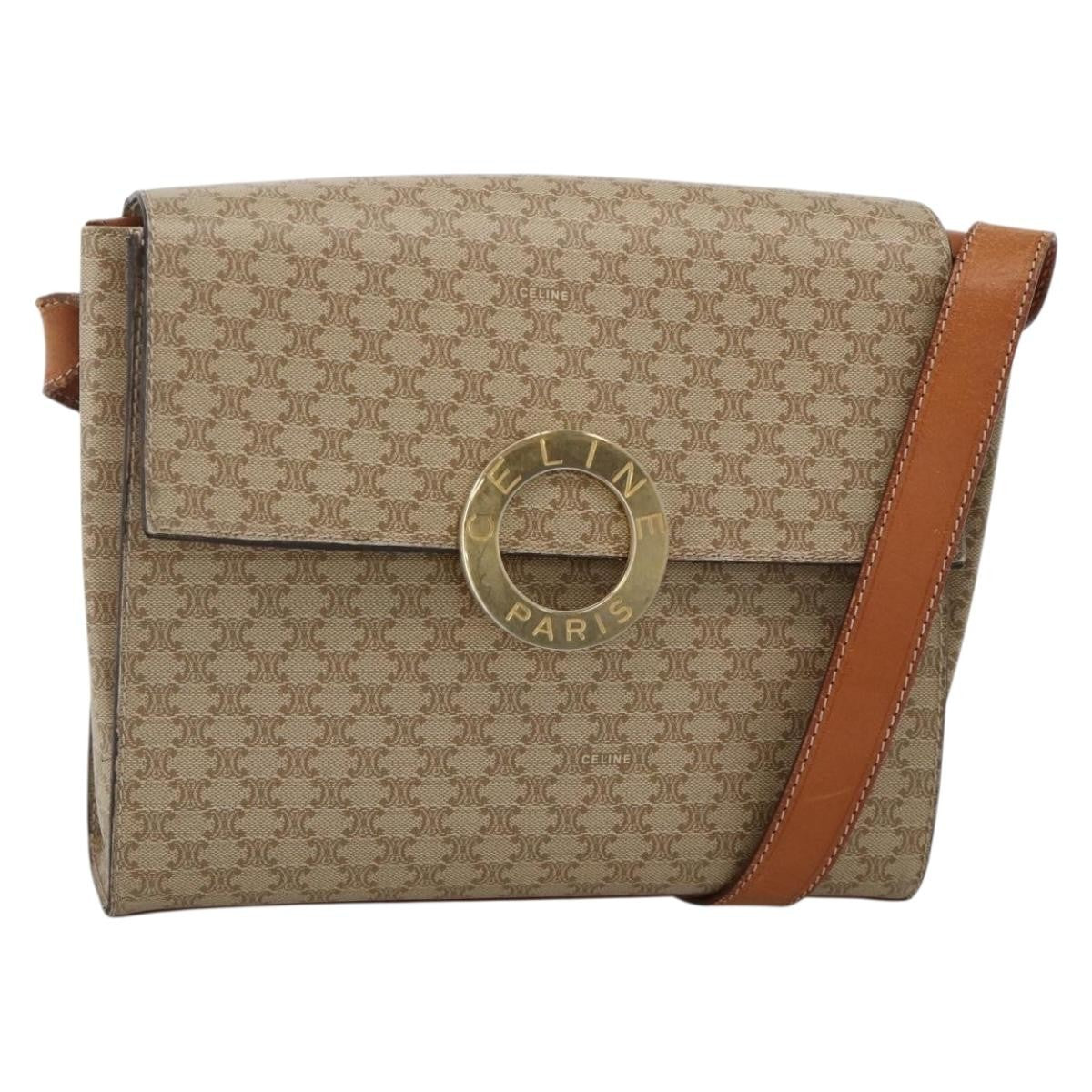 Celine Vintage Macadam Circle Logo Canvas And Leather Beige Canvas Shoulder Bag Bag (Pre-Owned)