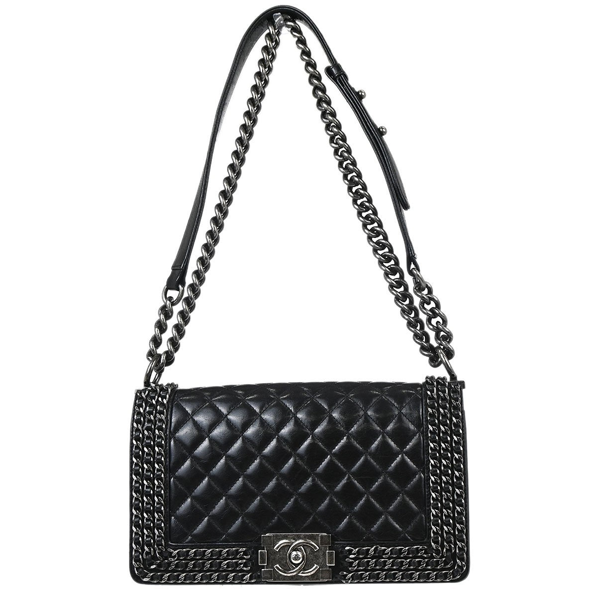 Chanel Boy Flap Quilted Glazed Calfskin Black Leather Handbag (Pre-Owned)