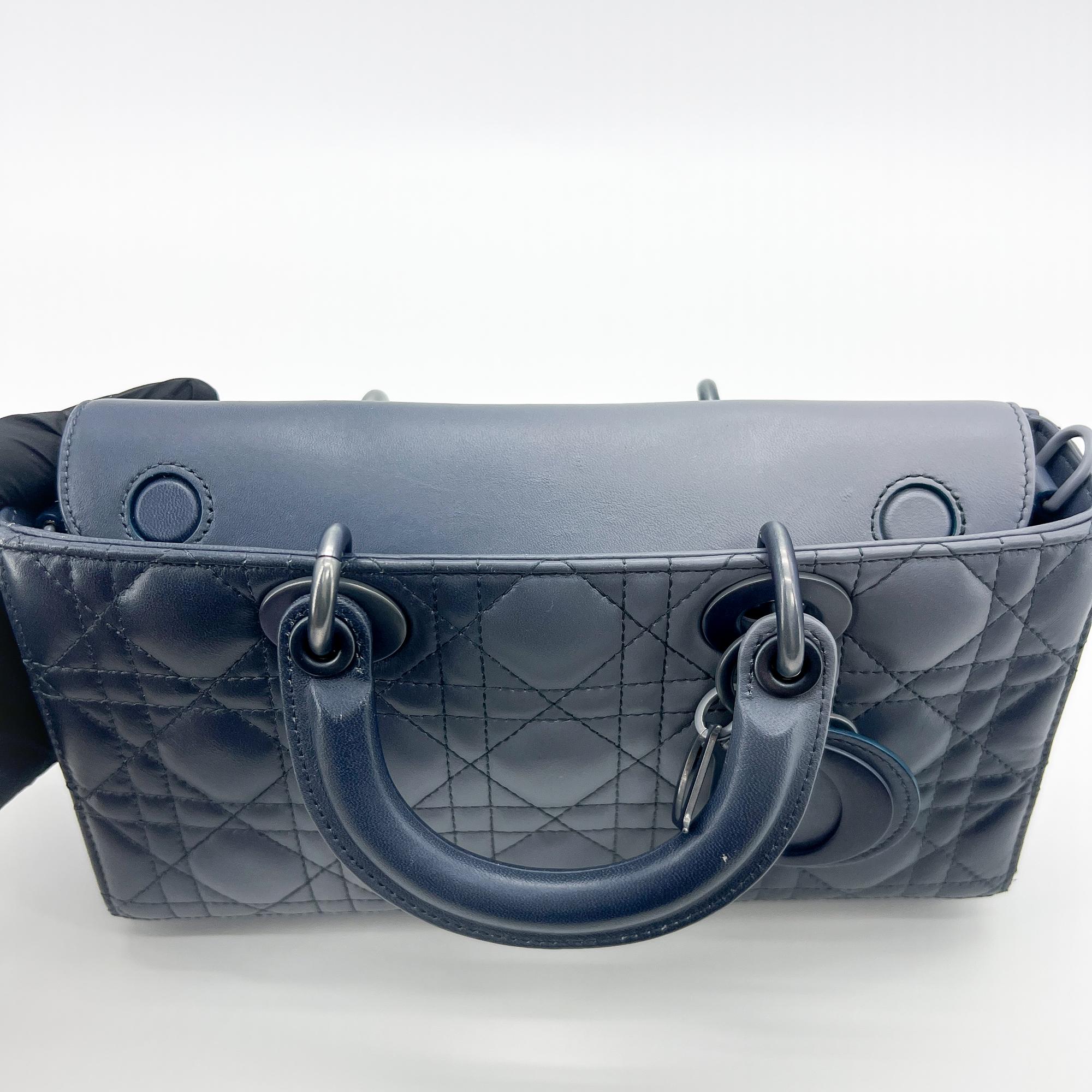 Christian Dior Lady D-Joy Cannage Quilt Lambskin Navy Leather Handbag (Pre-Owned)