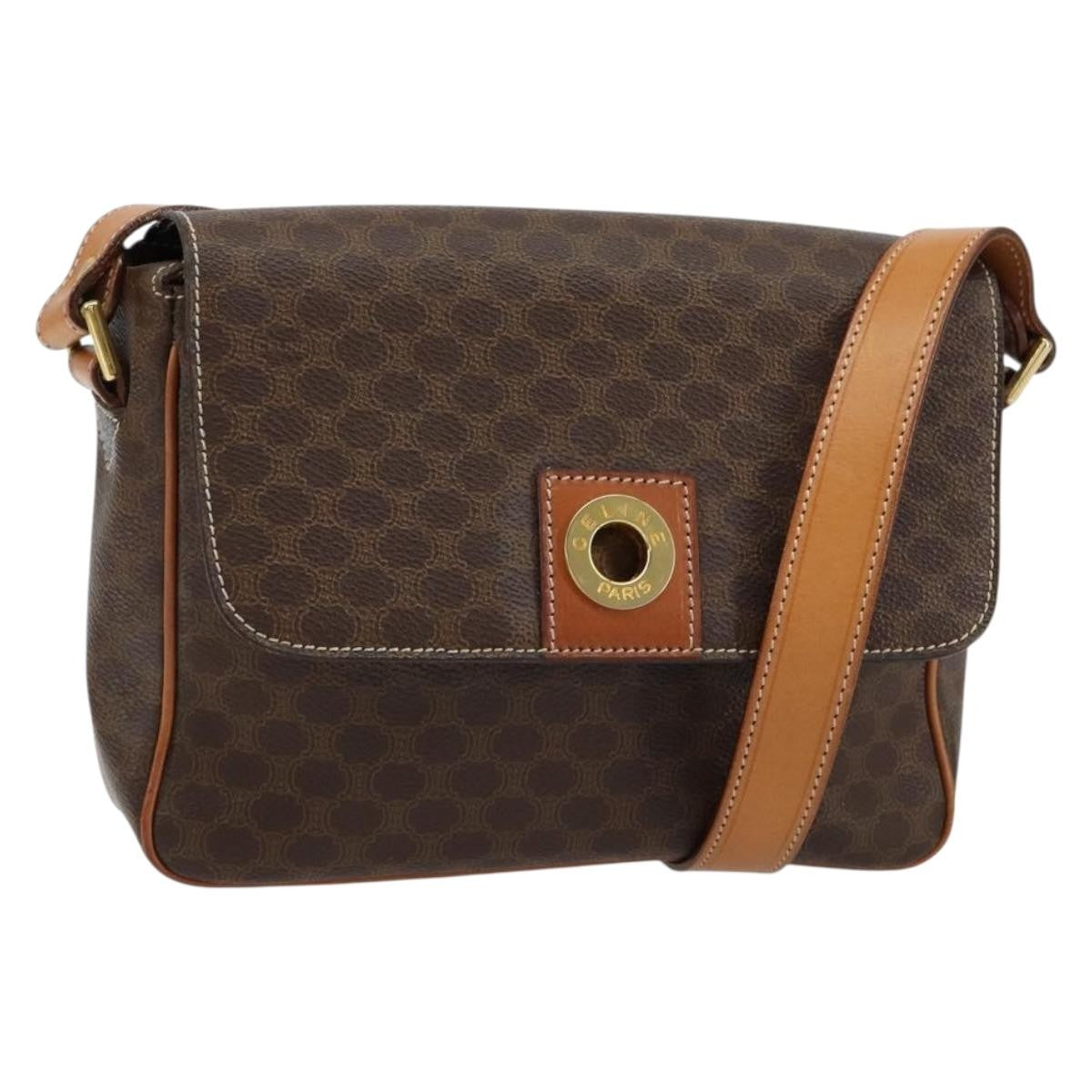 Celine Vintage Macadam Circle Logo Canvas And Leather Brown Canvas Shoulder Bag Bag (Pre-Owned)