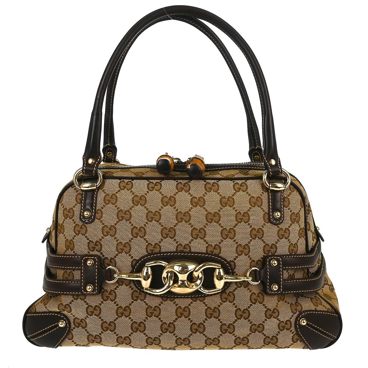Gucci Bamboo Horsebit Canvas And Leather Brown Canvas Shoulder Bag Bag (Pre-Owned)