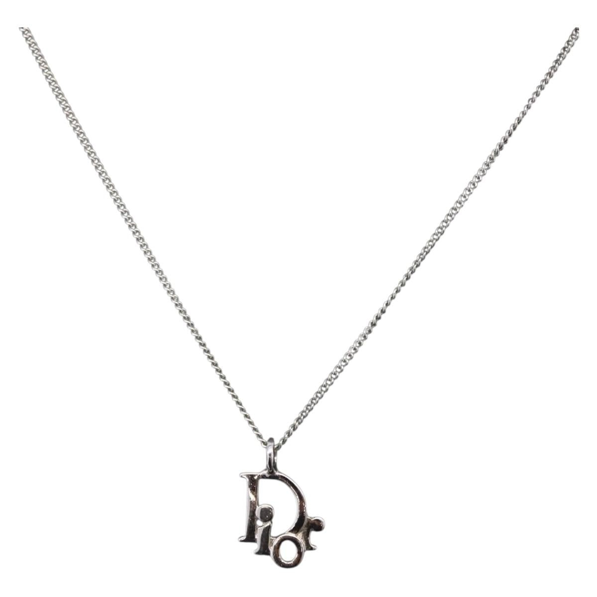 Christian Dior Vintage Logo Pendant Metal Silver Metal Necklace Jewelry (Pre-Owned)