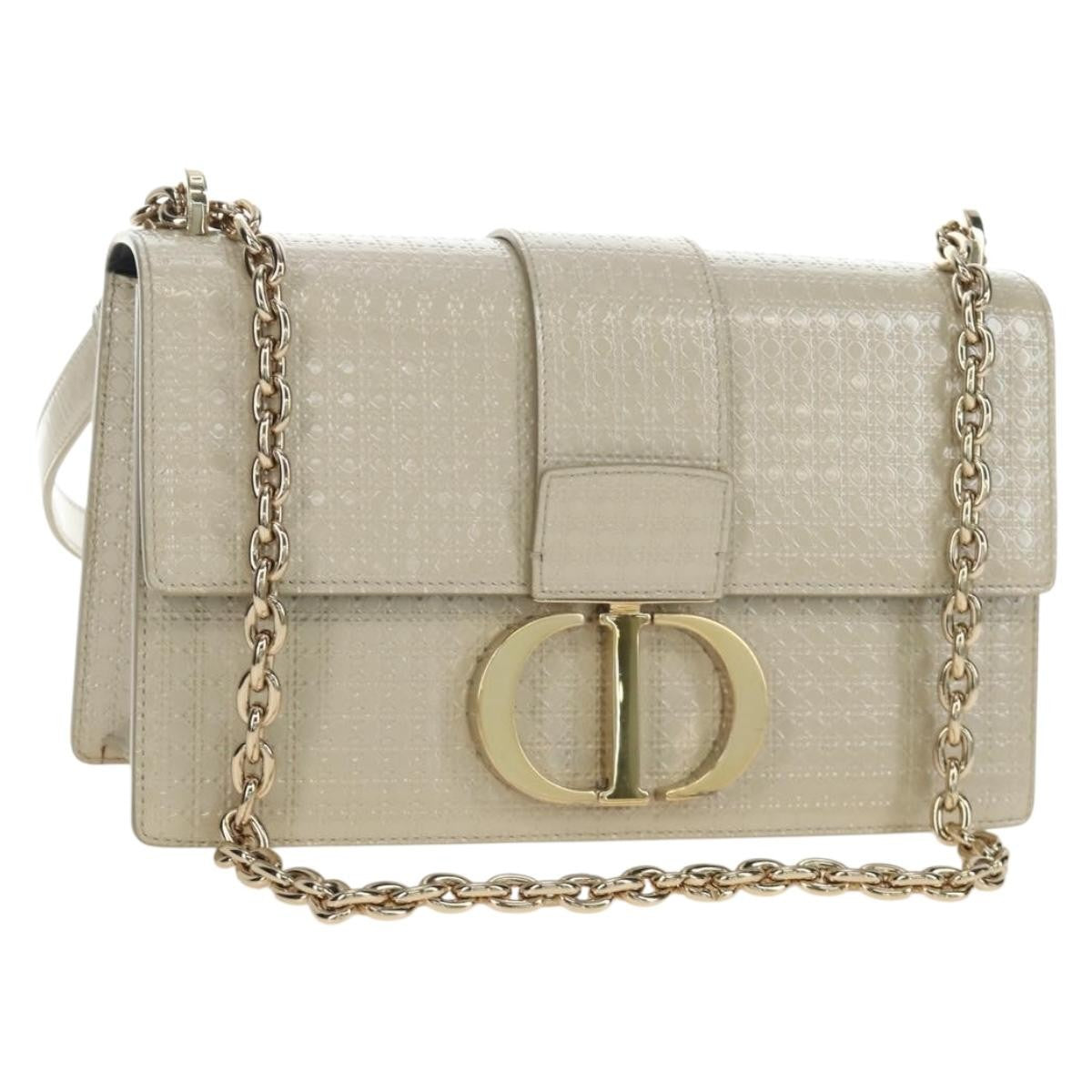 Christian Dior 30 Montaigne Chain Flap Micro Cannage Metallic Calfskin Beige Patent_Leather Shoulder Bag Bag (Pre-Owned)
