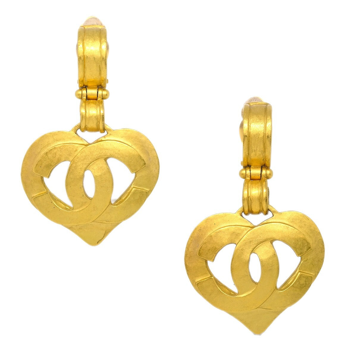 Chanel Vintage Cc Heart Cut Out Drop Clip-On Metal Gold Gold_Plated Earrings Jewelry (Pre-Owned)