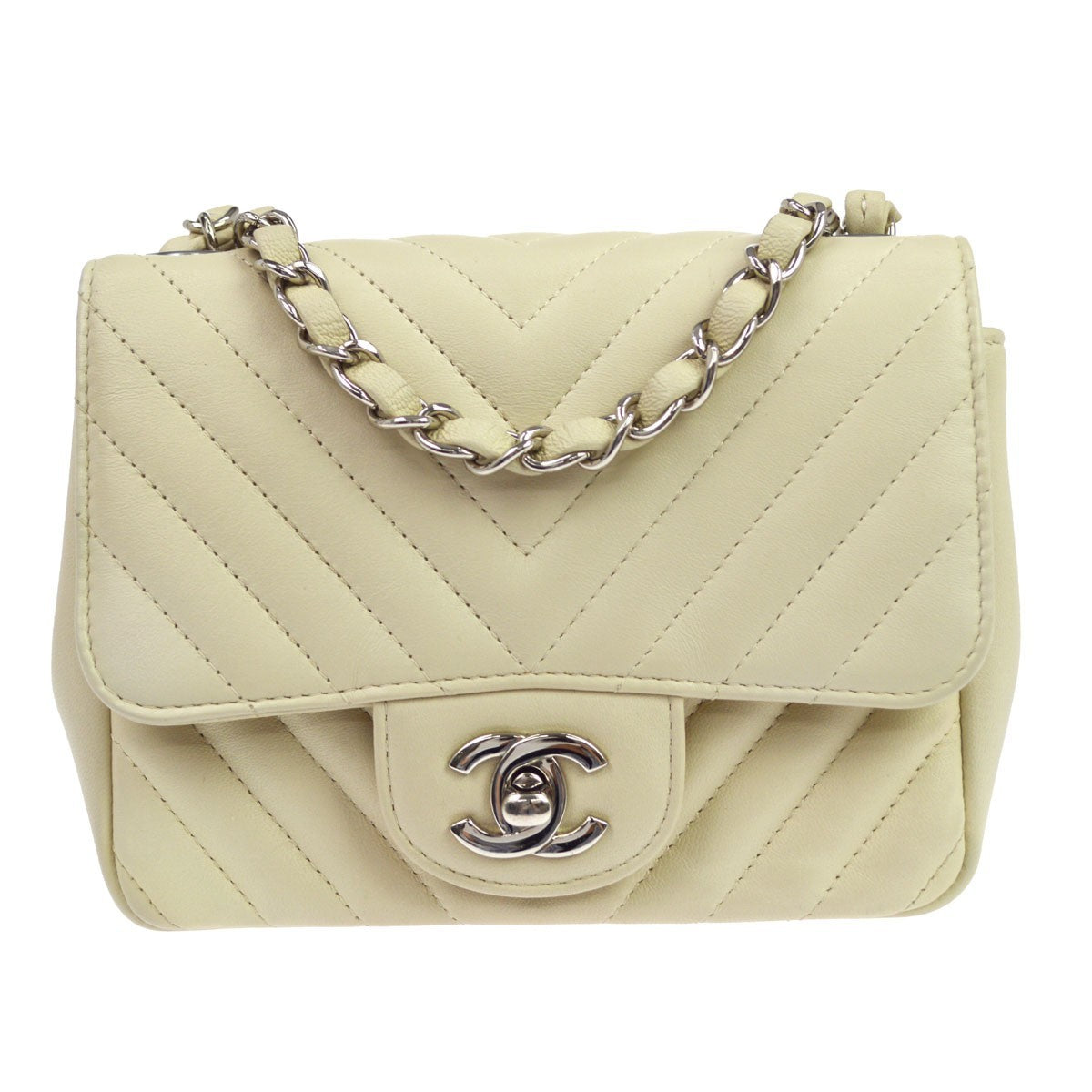 Chanel Classic Single Flap Chevron Lambskin Beige Leather Handbag (Pre-Owned)