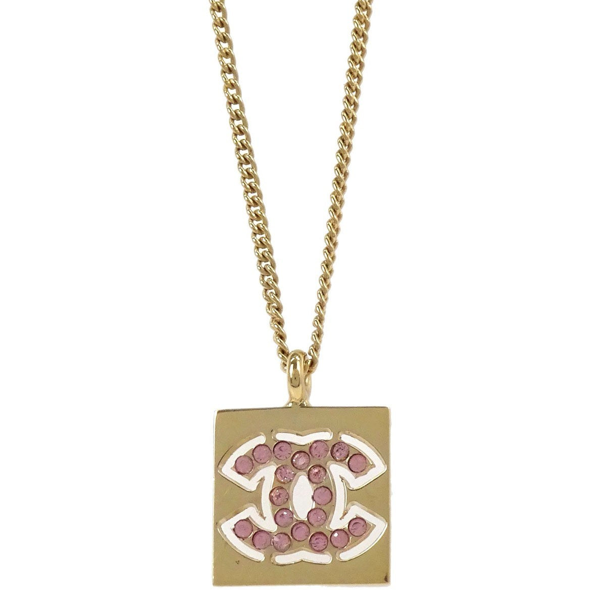 Chanel Cc Square Pendant Metal With Crystals Gold Gold_Plated Necklace Jewelry (Pre-Owned)