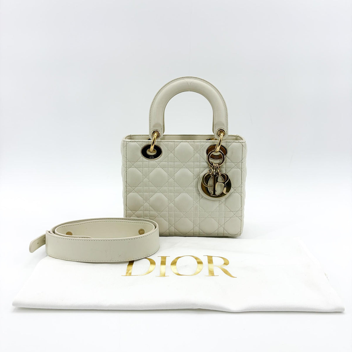 Christian Dior Lady Dior Grained Calfskin Gold Leather Handbag (Pre-Owned)