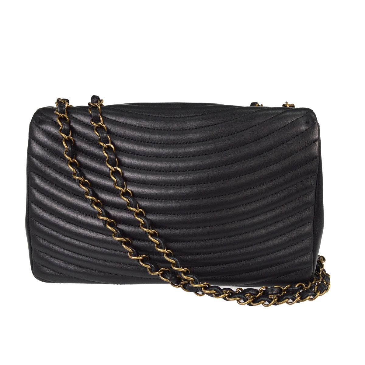 Chanel Vintage Pagoda Flap Quilted Lambskin Black Leather Handbag (Pre-Owned)
