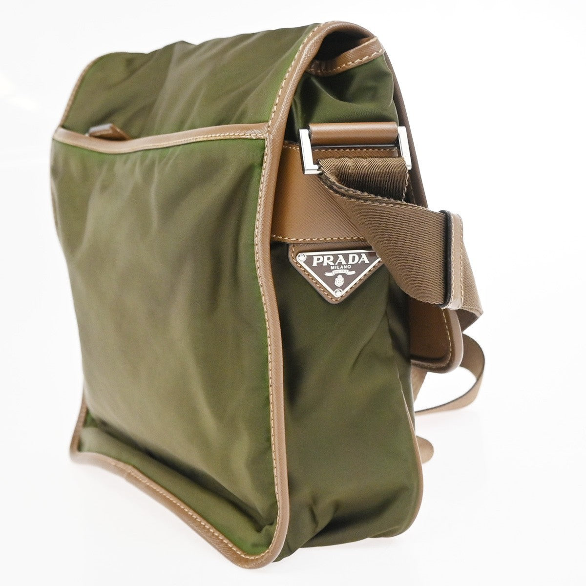 Prada Logo Buckle Messenger Nylon Khaki Nylon Handbag (Pre-Owned)