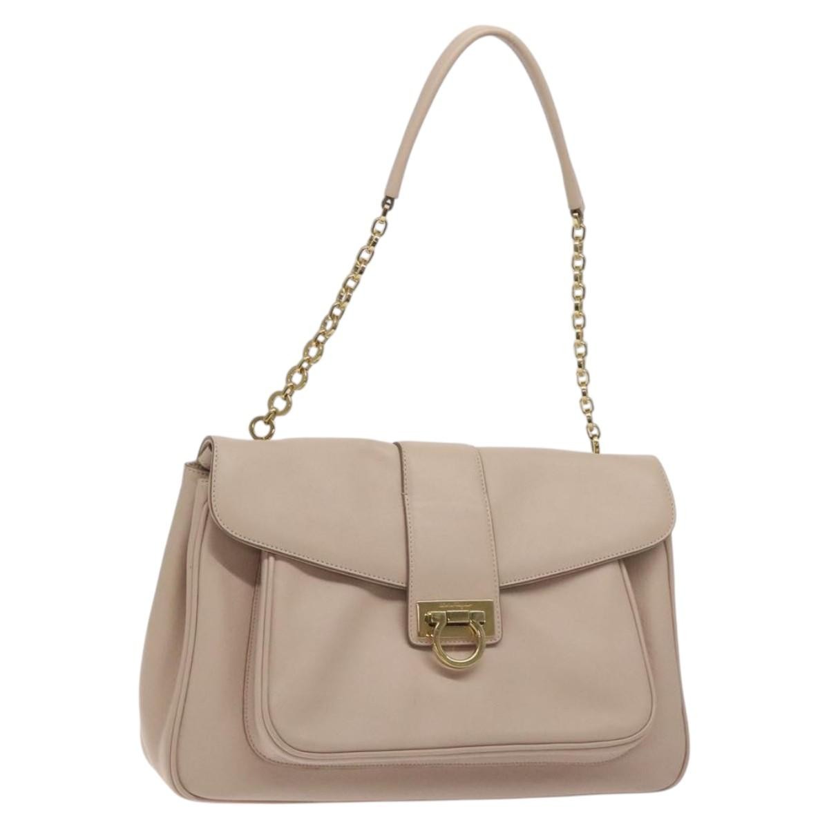 Salvatore Ferragamo Chain Gancini Jacquard With Studded Leather Beige Leather Shoulder Bag Bag (Pre-Owned)